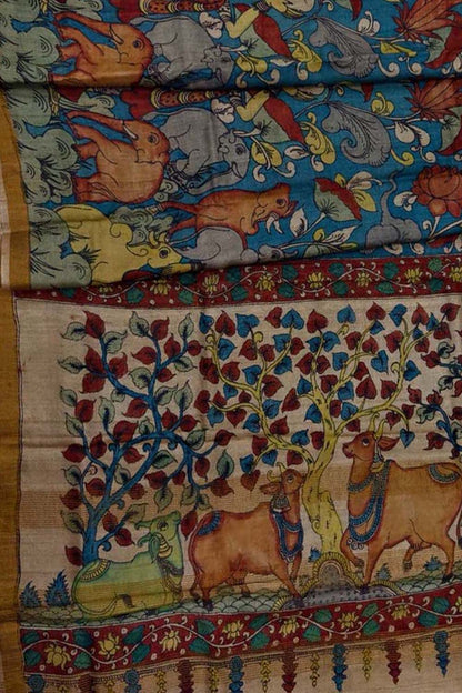 Exquisite Blue Hand Painted Kalamkari Silk Saree - Luxurion World