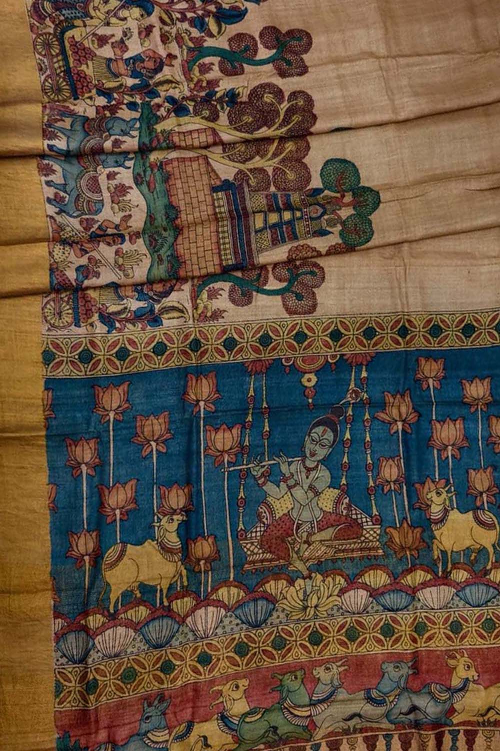 Vibrant Kalamkari Tussar Silk Saree with Hand Painted Designs - Luxurion World