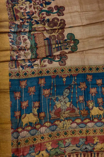 Vibrant Kalamkari Tussar Silk Saree with Hand Painted Designs - Luxurion World