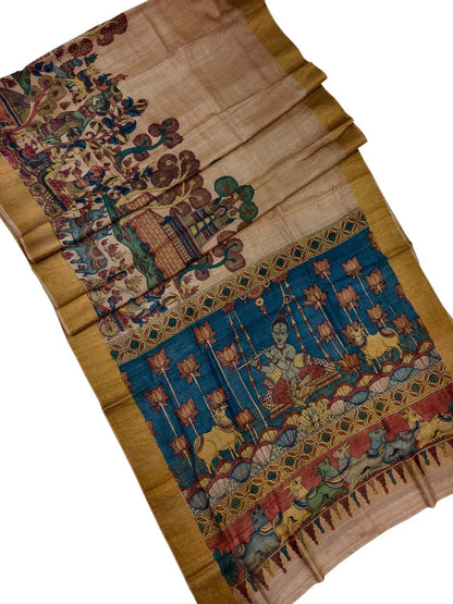 Vibrant Kalamkari Tussar Silk Saree with Hand Painted Designs - Luxurion World