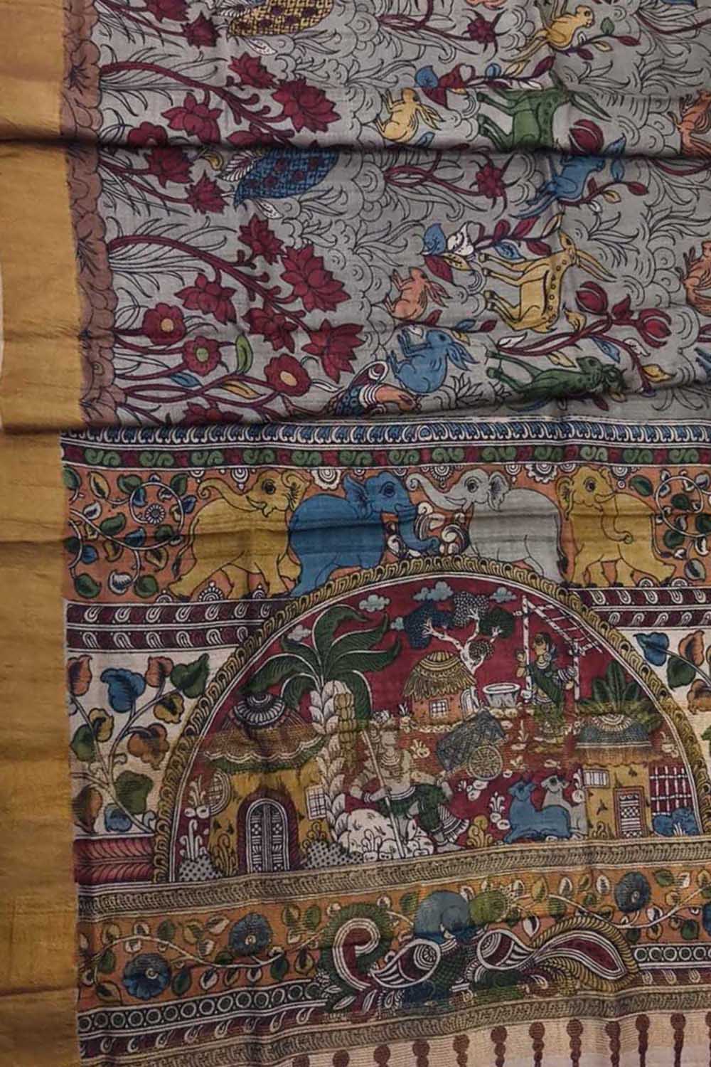 Grey Hand Painted Kalamkari Pure Tussar Silk Animal And Flower Design Saree - Luxurion World