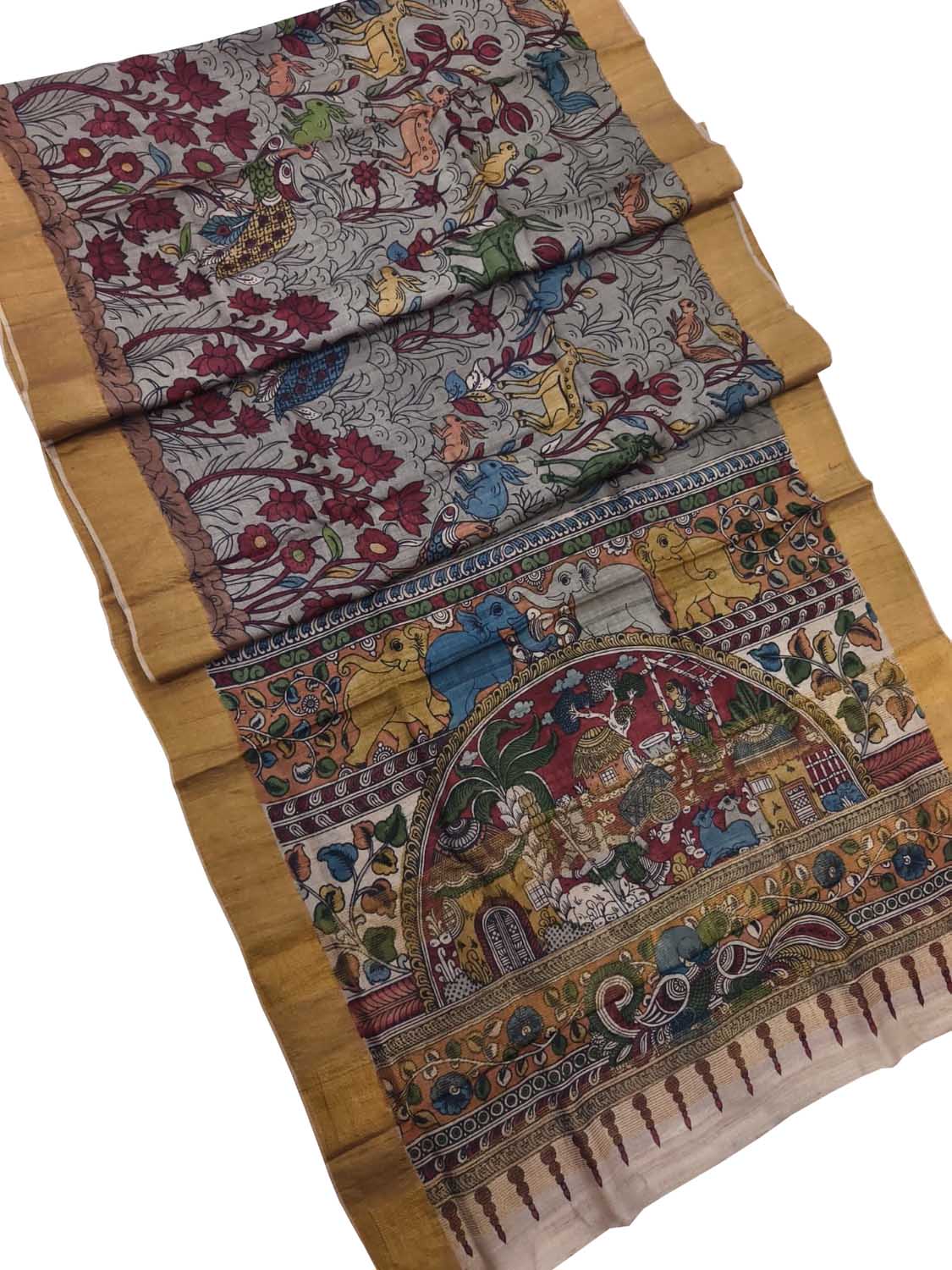 Grey Hand Painted Kalamkari Pure Tussar Silk Animal And Flower Design Saree - Luxurion World