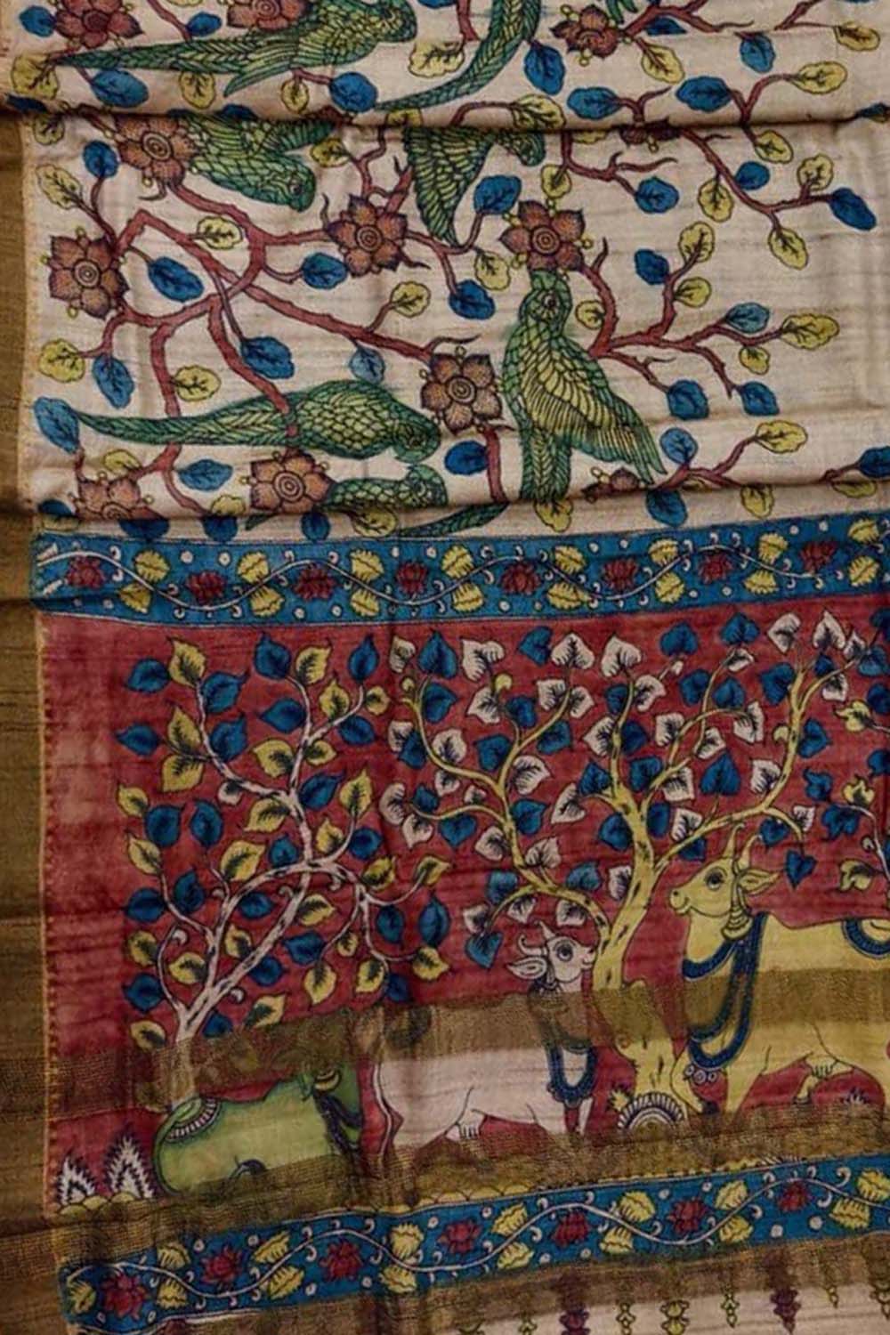 Multicolor Hand Painted Kalamkari Pure Tussar Silk Bird Design Saree - Luxurion World
