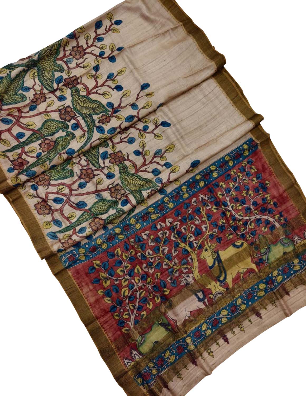 Multicolor Hand Painted Kalamkari Pure Tussar Silk Bird Design Saree - Luxurion World