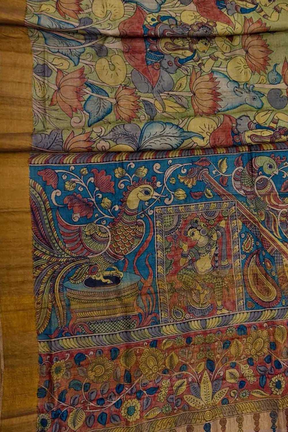 Green Hand Painted Kalamkari Pure Tussar Silk Bird Design Saree - Luxurion World