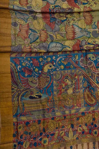 Green Hand Painted Kalamkari Pure Tussar Silk Bird Design Saree - Luxurion World