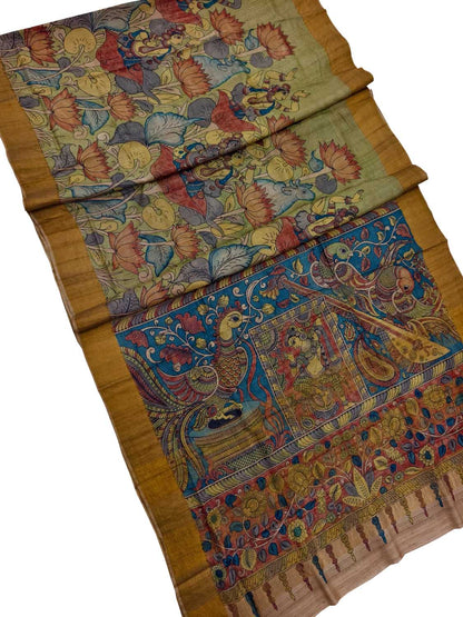 Green Hand Painted Kalamkari Pure Tussar Silk Bird Design Saree - Luxurion World