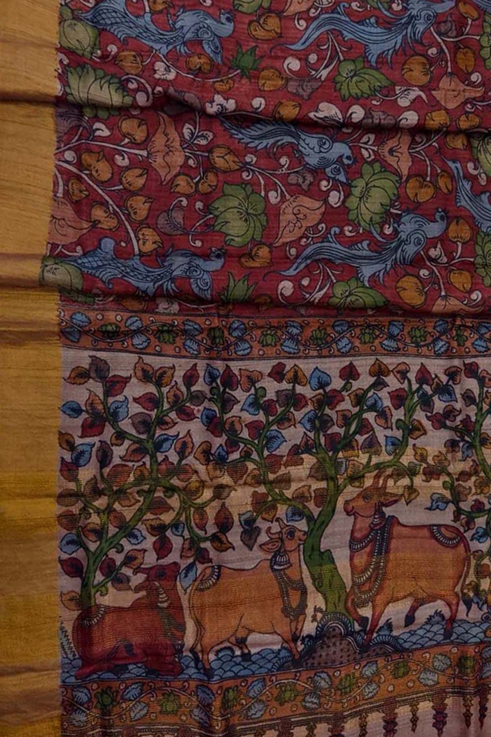 Red Hand Painted Kalamkari Pure Tussar Silk Flower Design Saree - Luxurion World