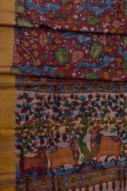Red Hand Painted Kalamkari Pure Tussar Silk Flower Design Saree - Luxurion World