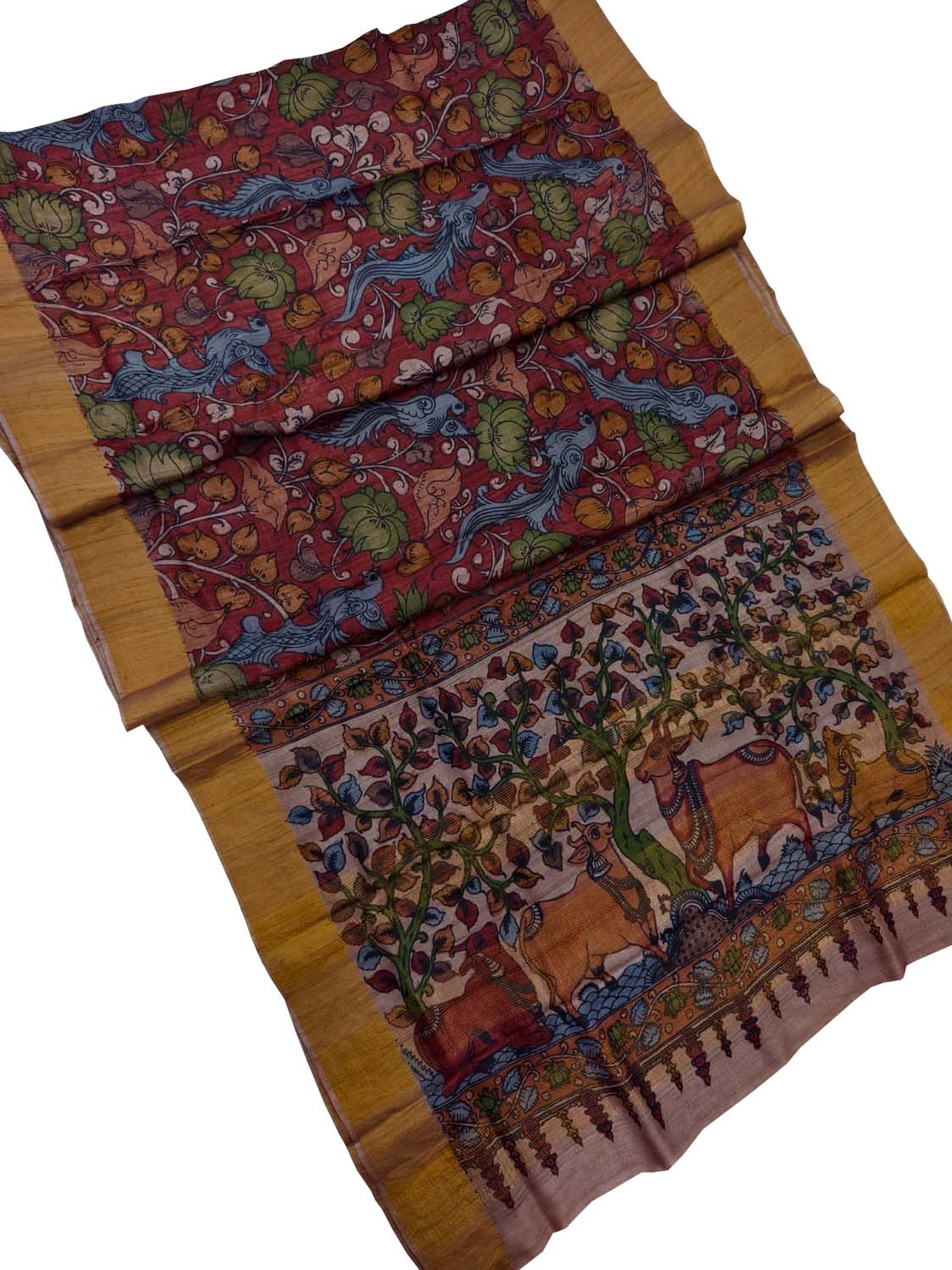 Red Hand Painted Kalamkari Pure Tussar Silk Flower Design Saree - Luxurion World