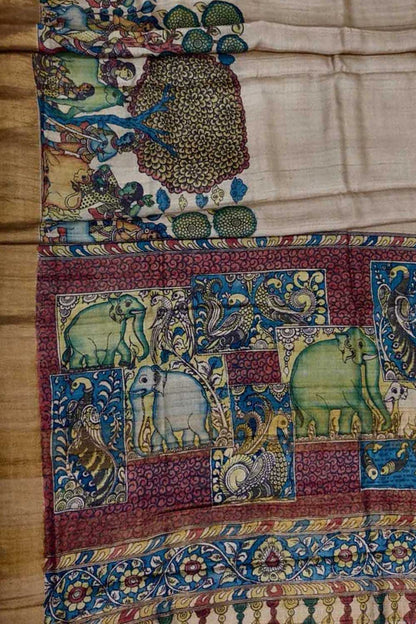 Multicolor Hand Painted Kalamkari Pure Tussar Silk Elephant Design Saree - Luxurion World