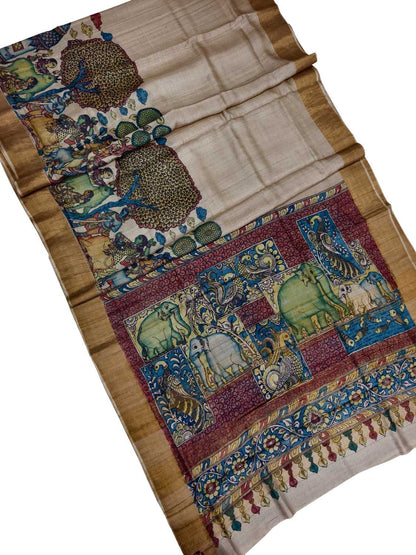 Multicolor Hand Painted Kalamkari Pure Tussar Silk Elephant Design Saree - Luxurion World