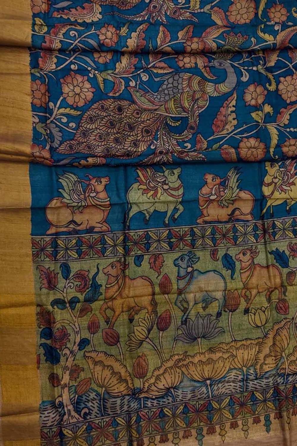 Blue Hand Painted Kalamkari Pure Tussar Silk Cow Design Saree - Luxurion World