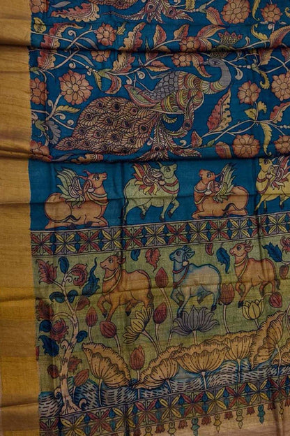Blue Hand Painted Kalamkari Pure Tussar Silk Cow Design Saree - Luxurion World