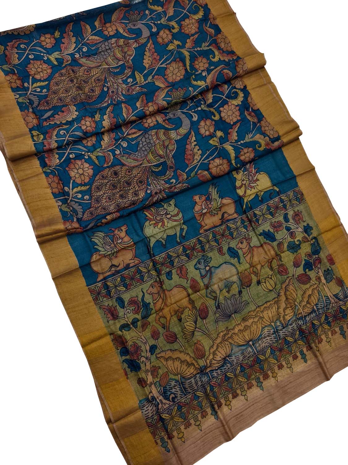 Blue Hand Painted Kalamkari Pure Tussar Silk Cow Design Saree - Luxurion World