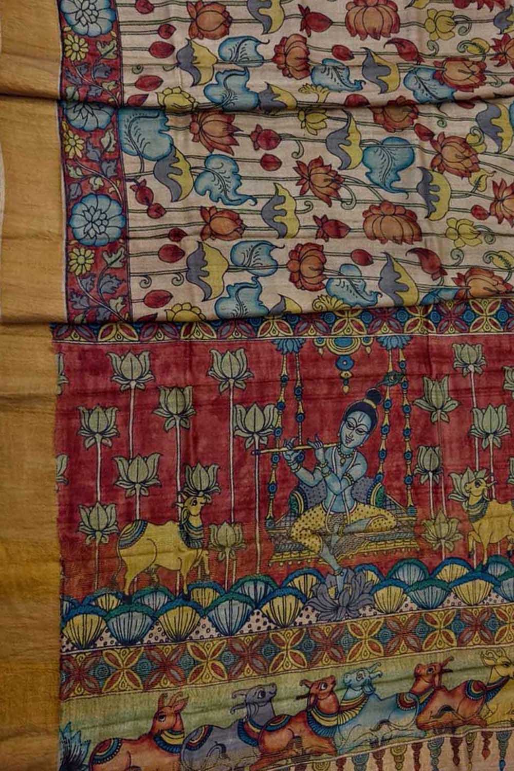 Multicolor Hand Painted Kalamkari Pure Tussar Silk Flower Design Saree - Luxurion World