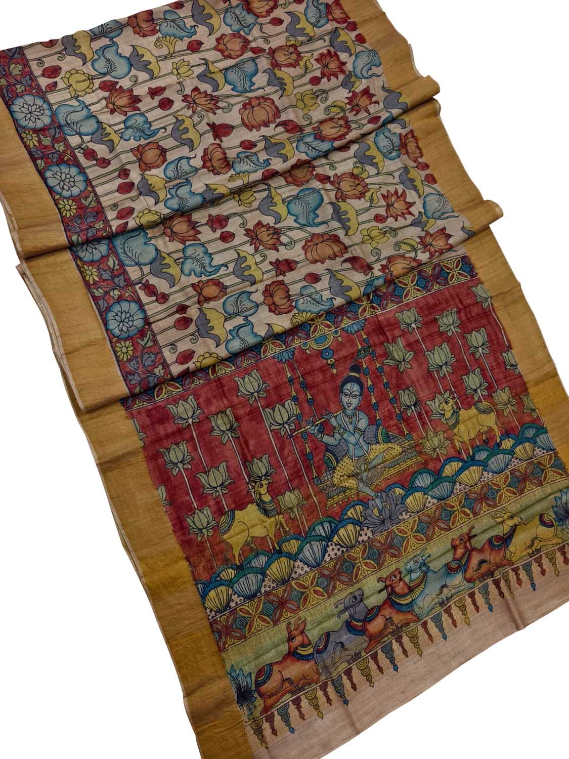 Multicolor Hand Painted Kalamkari Pure Tussar Silk Flower Design Saree - Luxurion World