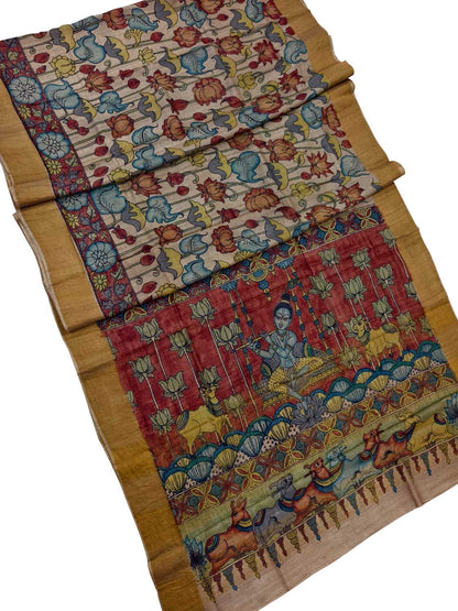 Multicolor Hand Painted Kalamkari Pure Tussar Silk Flower Design Saree - Luxurion World