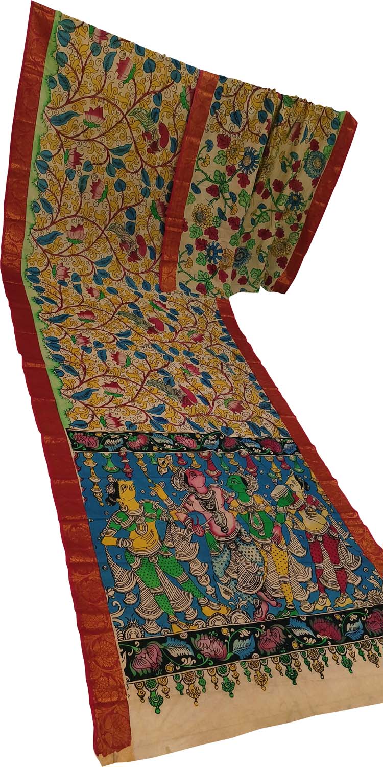 Multicolor Bangalore Silk Hand Painted Kalamakari Saree - Luxurion World