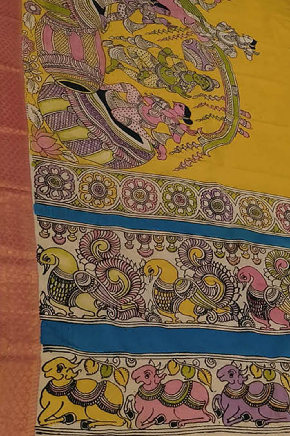 Yellow Bangalore Silk Hand Painted Kalamakari Saree - Luxurion World