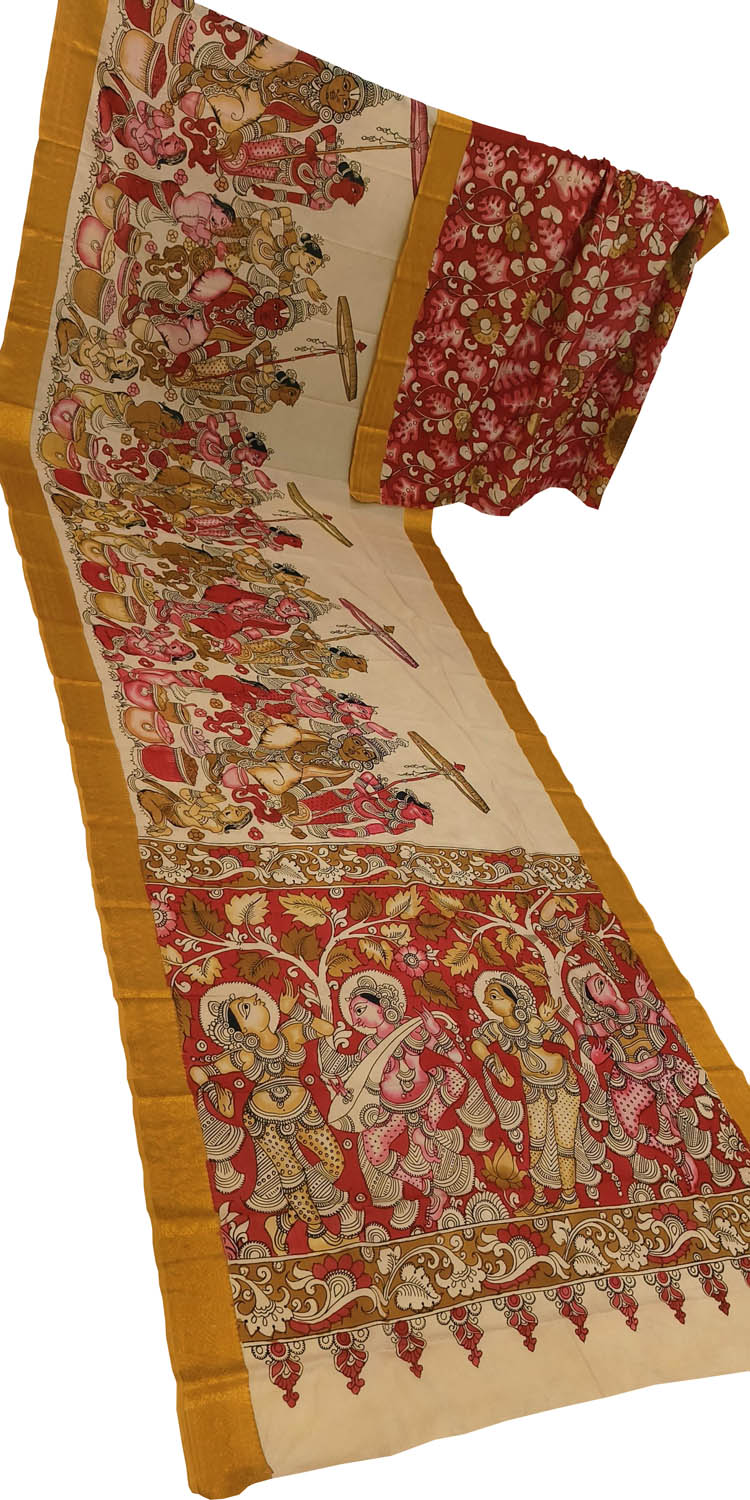 Pastel Bangalore Silk Hand Painted Kalamakari Saree - Luxurion World