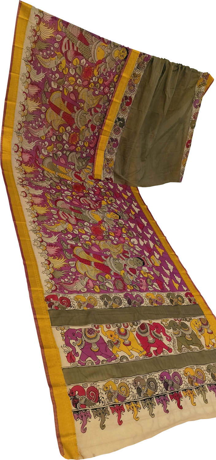 Multicolor Bangalore Silk Hand Painted Kalamakari Saree - Luxurion World