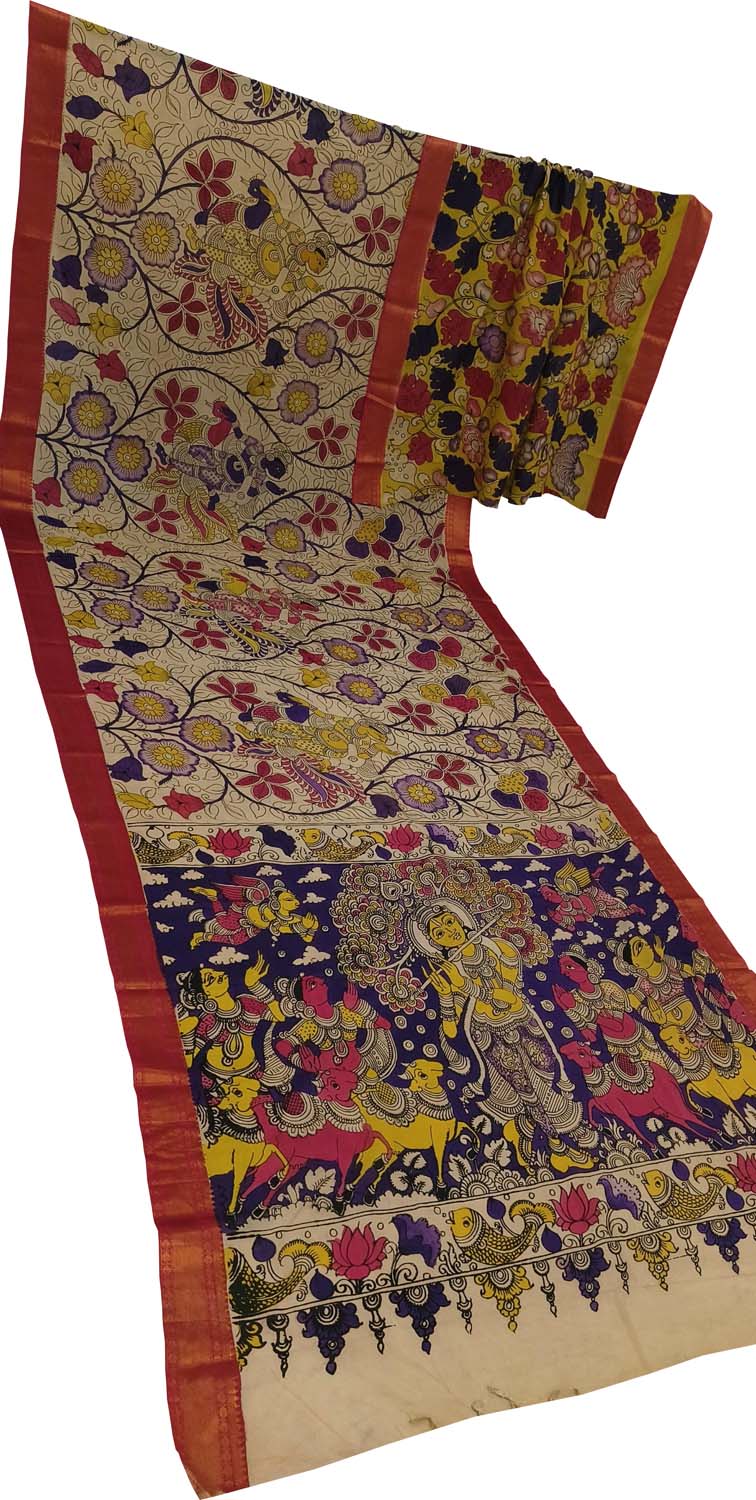 Multicolor Bangalore Silk Hand Painted Kalamakari Saree - Luxurion World