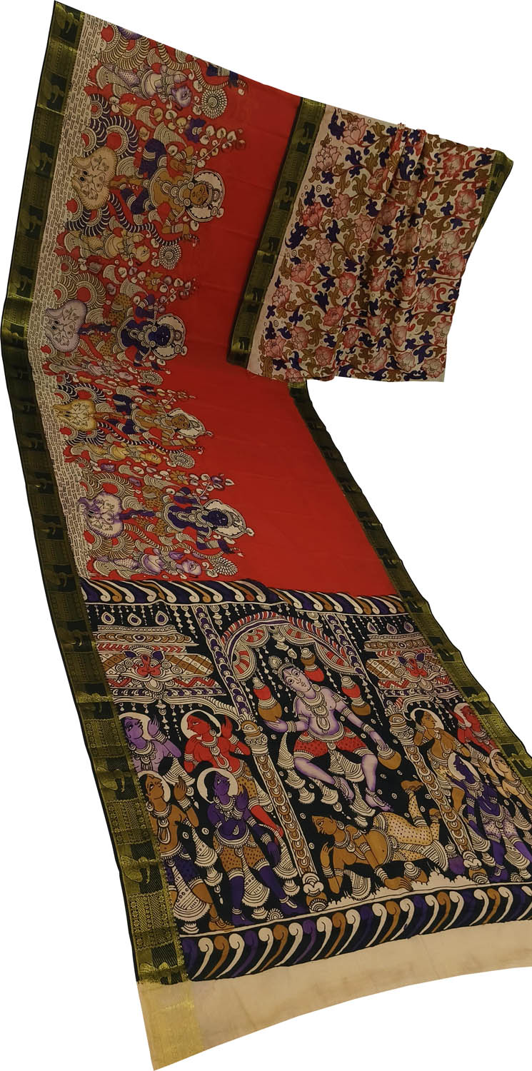 Multicolor Bangalore Silk Hand Painted Kalamakari Saree - Luxurion World