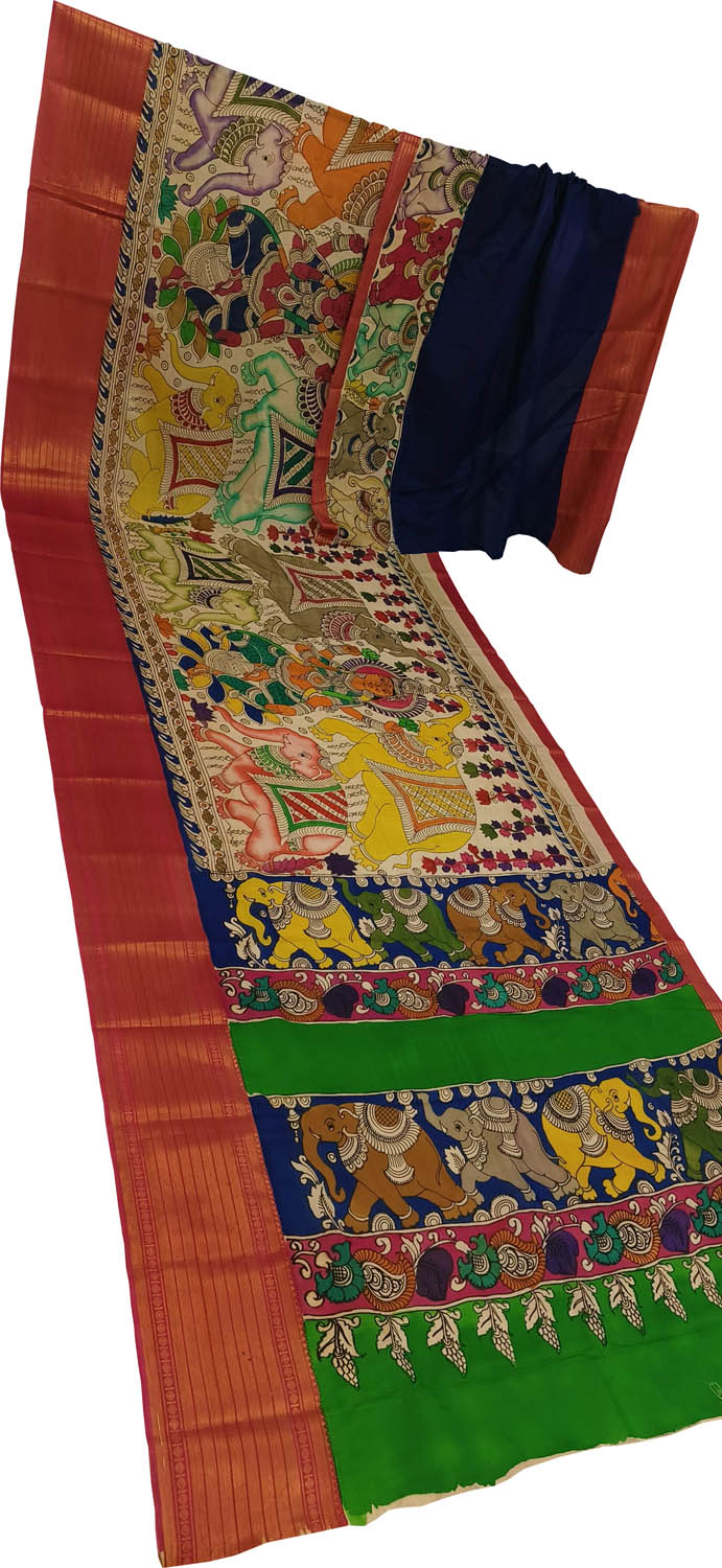 Multicolor Bangalore Silk Hand Painted Kalamakari Saree - Luxurion World