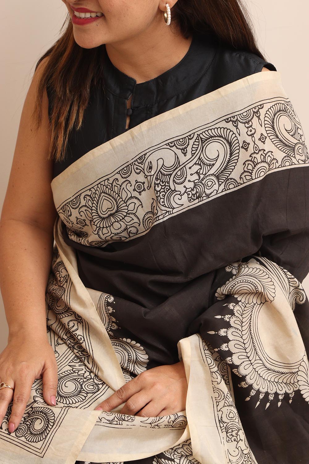 Black And White Kalamkari Hand Painted Pure Bangalore Silk Saree - Luxurion World