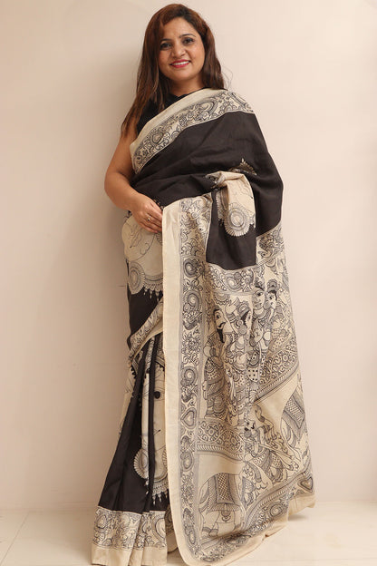 Black And White Kalamkari Hand Painted Pure Bangalore Silk Saree - Luxurion World
