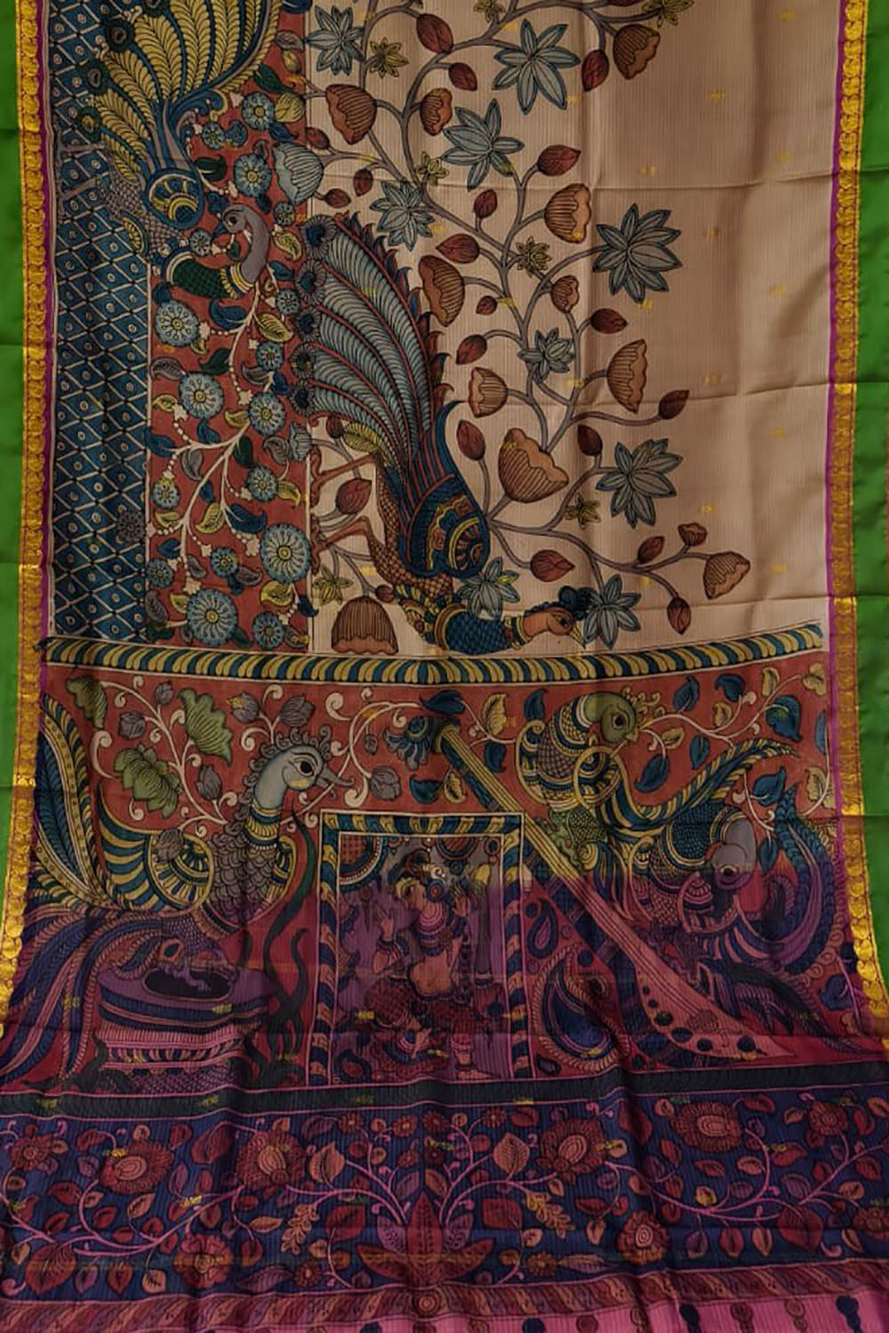 Multicolor Hand Painted Kalamkari Kanjeevaram Pure Silk Saree - Luxurion World