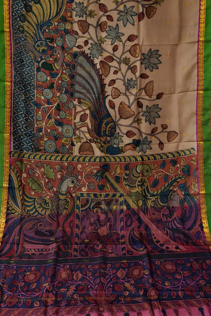 Multicolor Hand Painted Kalamkari Kanjeevaram Pure Silk Saree - Luxurion World