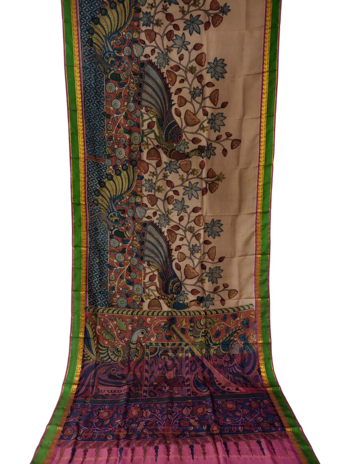 Multicolor Hand Painted Kalamkari Kanjeevaram Pure Silk Saree - Luxurion World