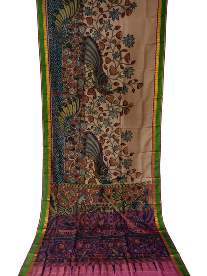 Multicolor Hand Painted Kalamkari Kanjeevaram Pure Silk Saree - Luxurion World