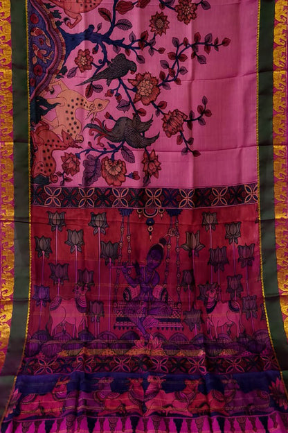 Pink Hand Painted Kalamkari Kanjeevaram Pure Silk Saree - Luxurion World
