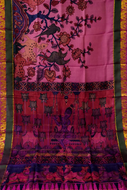 Pink Hand Painted Kalamkari Kanjeevaram Pure Silk Saree - Luxurion World