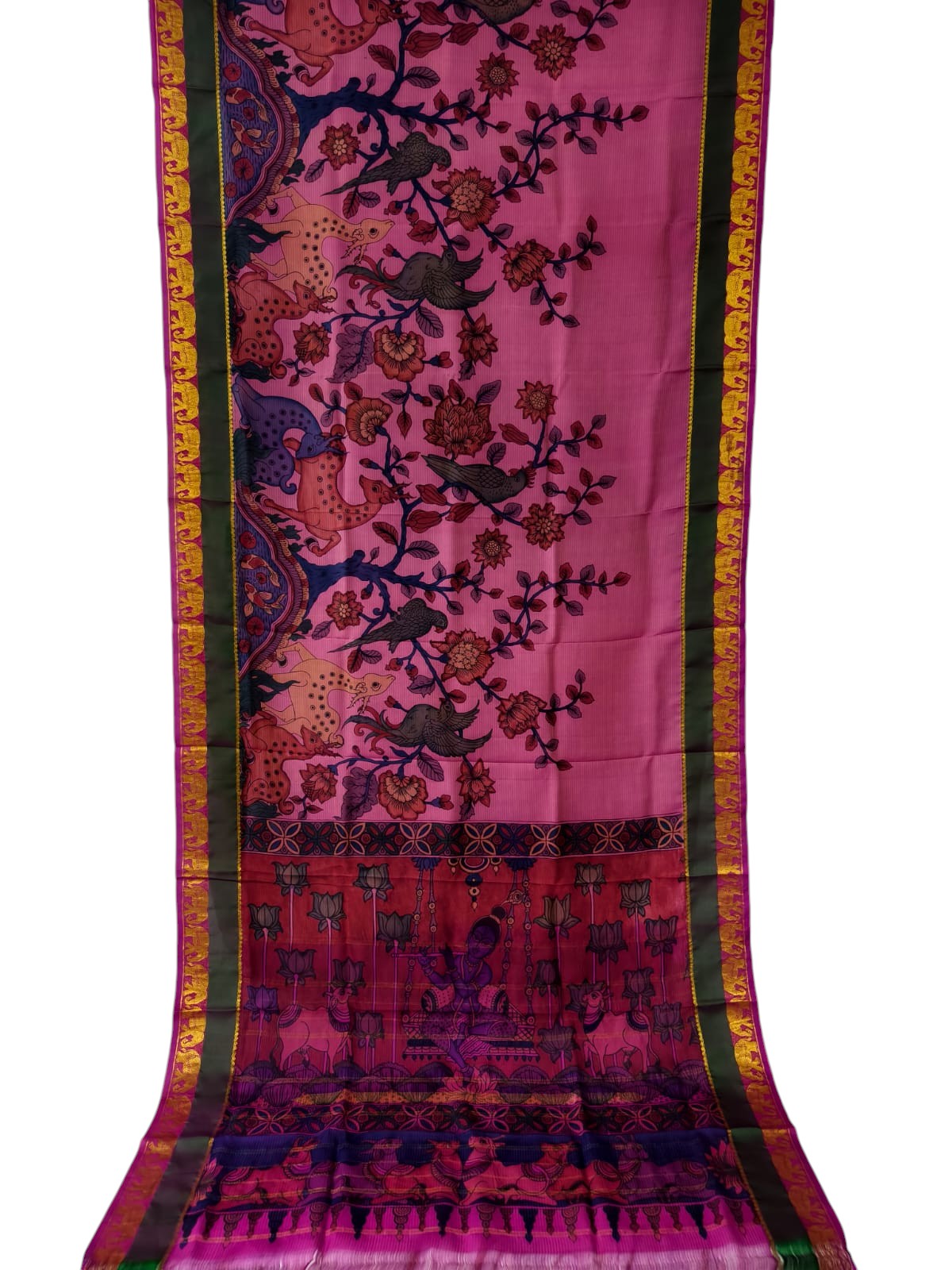 Pink Hand Painted Kalamkari Kanjeevaram Pure Silk Saree - Luxurion World