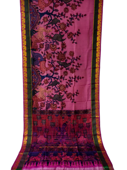 Pink Hand Painted Kalamkari Kanjeevaram Pure Silk Saree - Luxurion World