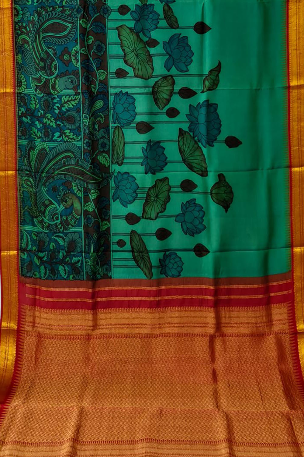 Green Hand Painted Kalamkari Kanjeevaram Pure Silk Saree - Luxurion World