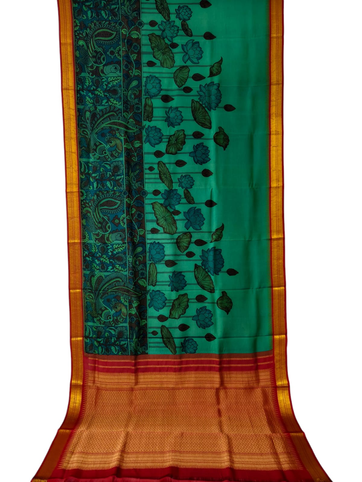 Green Hand Painted Kalamkari Kanjeevaram Pure Silk Saree - Luxurion World