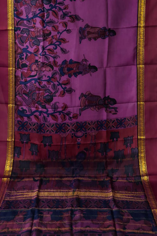 Exquisite Purple Hand Painted Kalamkari Kanjeevaram Pure Silk Saree - Luxurion World