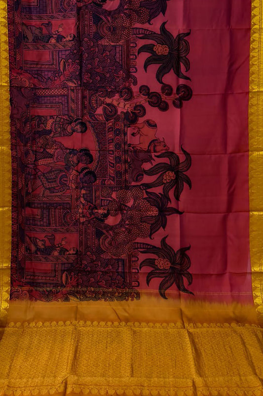 Pink Hand Painted Kalamkari Kanjeevaram Pure Silk Saree - Luxurion World