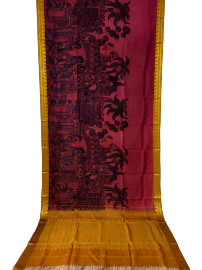 Pink Hand Painted Kalamkari Kanjeevaram Pure Silk Saree - Luxurion World