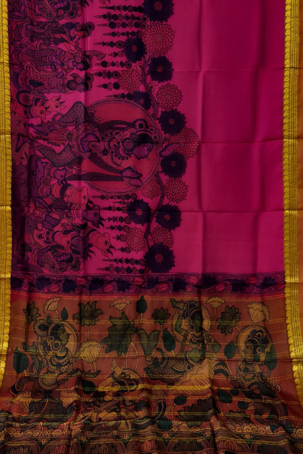 Pink Hand Painted Kalamkari Kanjeevaram Pure Silk Saree - Luxurion World