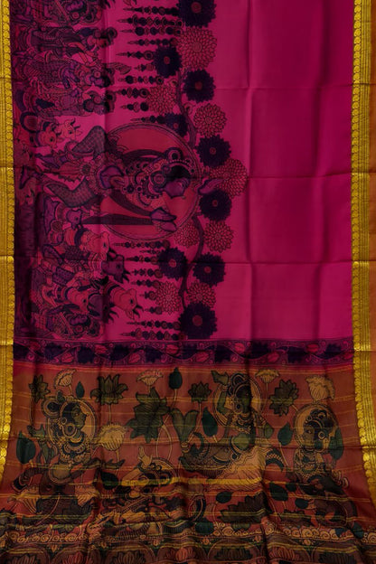 Pink Hand Painted Kalamkari Kanjeevaram Pure Silk Saree - Luxurion World