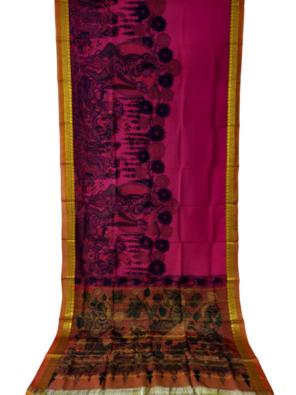 Pink Hand Painted Kalamkari Kanjeevaram Pure Silk Saree - Luxurion World