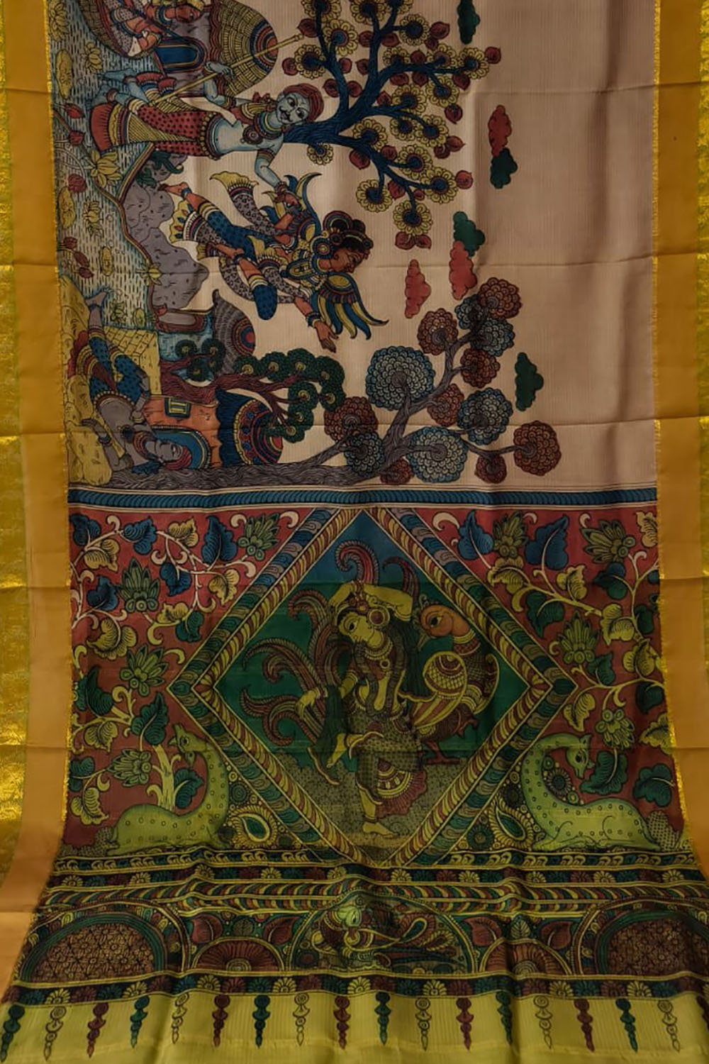 Multicolor Hand Painted Kalamkari Kanjeevaram Pure Silk Saree - Luxurion World