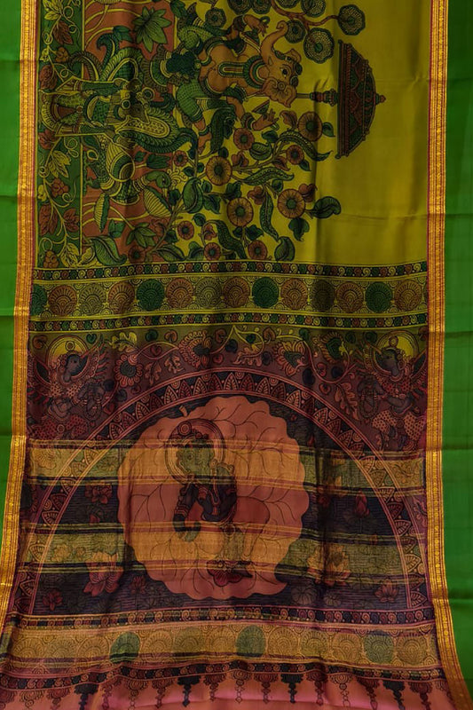 Green Hand Painted Kalamkari Kanjeevaram Pure Silk Saree - Luxurion World