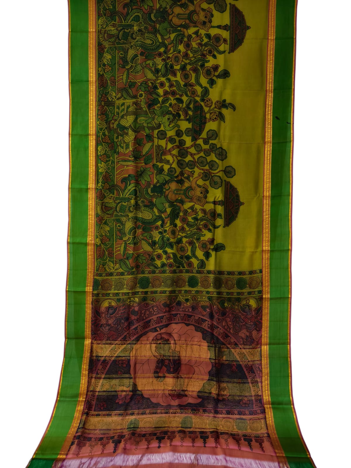 Green Hand Painted Kalamkari Kanjeevaram Pure Silk Saree - Luxurion World